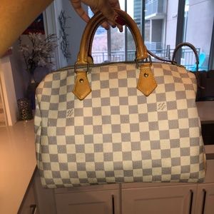 LV Speedy Damier Azur Cream Leather Tote